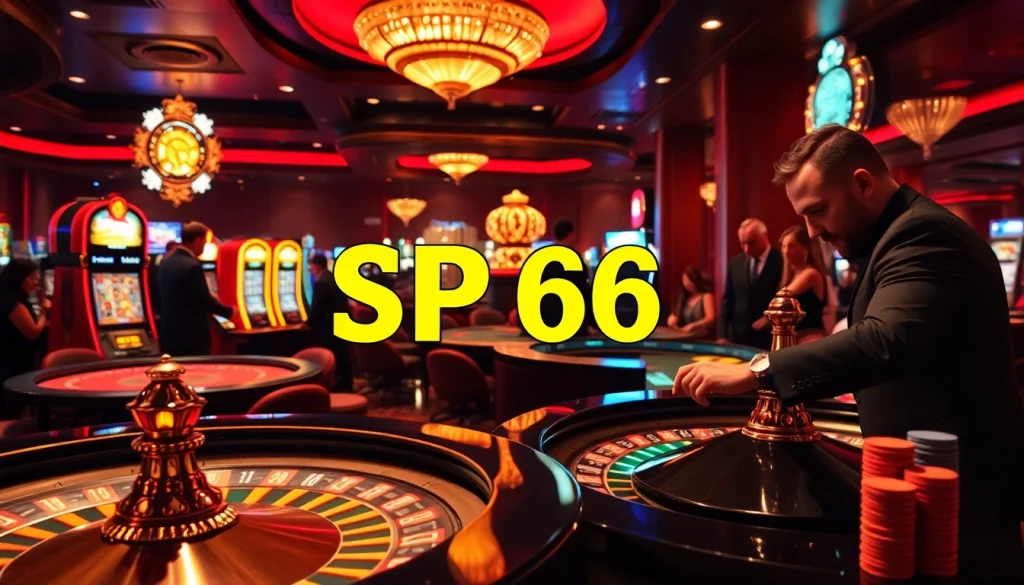 Players enjoy intense moments at SP666 casino, betting on roulette and poker tables in a vibrant atmosphere.