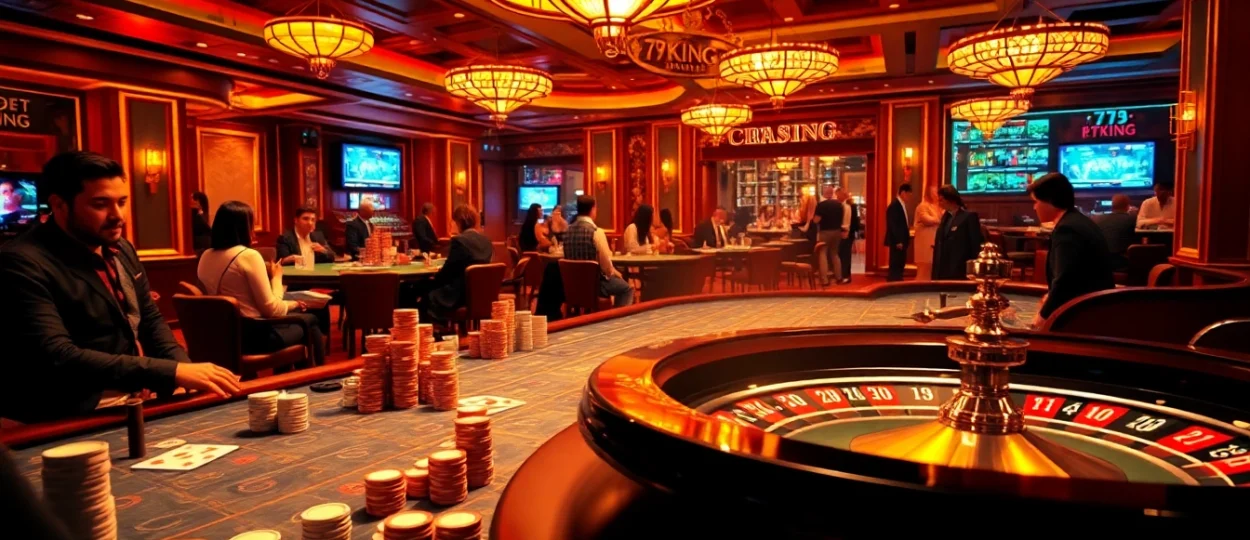79king casino scene showcasing vibrant gaming with players at tables and a roulette wheel.