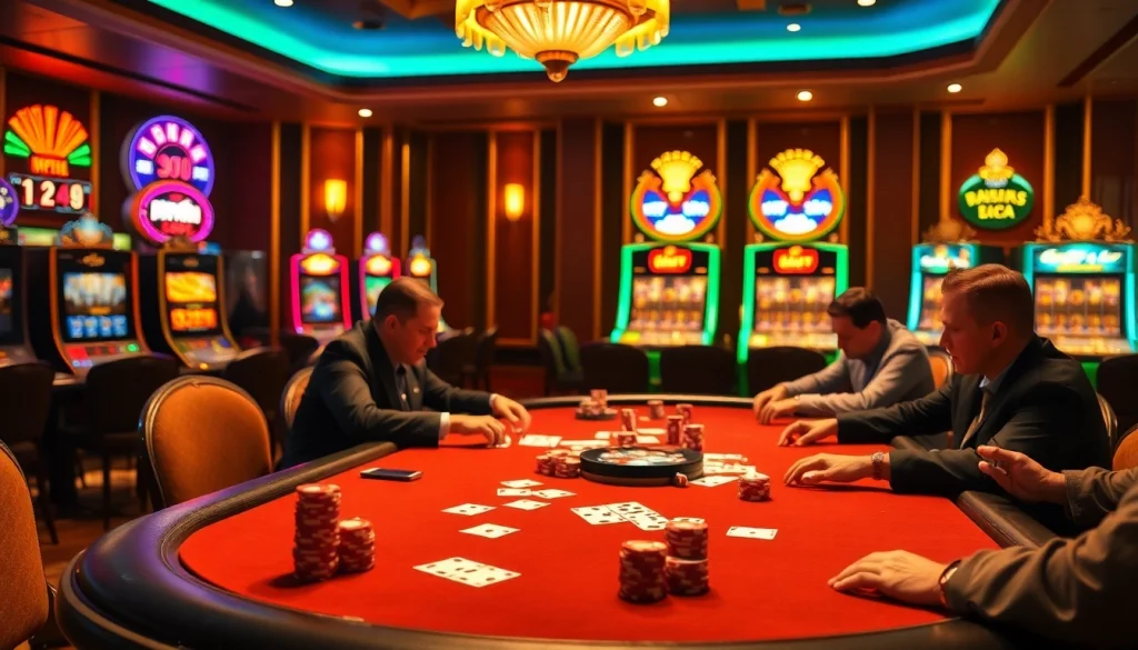 Engaging scene of players at a poker table in a vibrant casino, featuring đánh giá top nhà cái uy tín among casino elements like chips and cards.