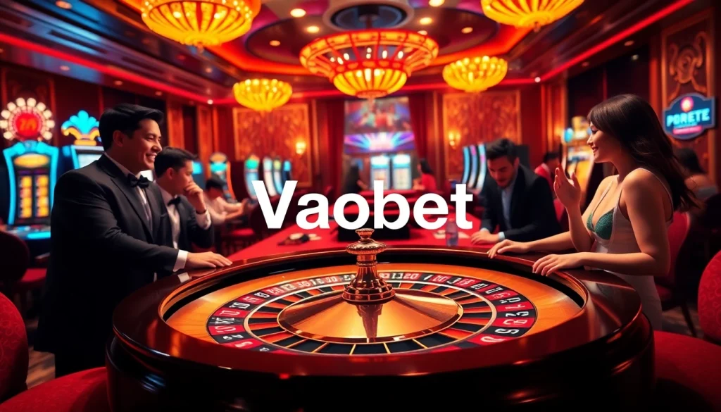 Experience the thrill of gambling at https://vaobet.cn.com/ with players engaged in intense roulette action, surrounded by slot machines.