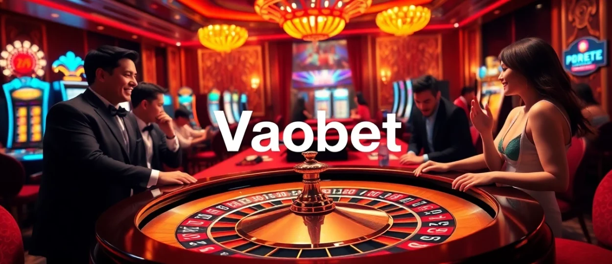 Experience the thrill of gambling at https://vaobet.cn.com/ with players engaged in intense roulette action, surrounded by slot machines.