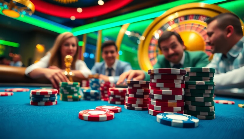 RIKVIP players immersed in thrilling gambling action at a vibrant casino table with poker chips and cards.